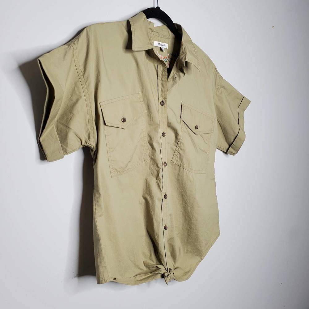 MADEWELL • Khaki Floral Embroidered Short Sleeve Button Top Sz S - Picture 3 of 8